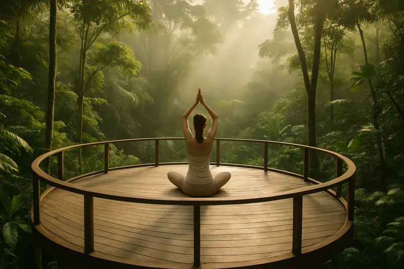 Woman practicing yoga on a circular wooden deck suspended in a lush green tropical rainforest canopy, morning mist filtering through trees, peaceful and serene atmosphere.