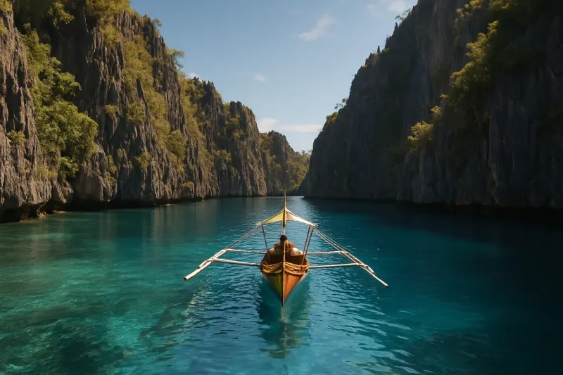Small traditional wooden outrigger boat gliding gently through a vibrant blue hidden lagoon surrounded by towering jagged limestone cliffs, clear sky.
