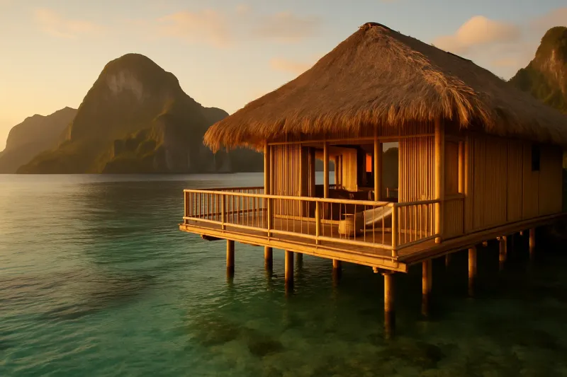 Breathtaking wide-angle view of a luxury bamboo villa perched over crystal clear turquoise waters in El Nido Palawan, towering limestone karsts in the background at golden hour, warm inviting light.