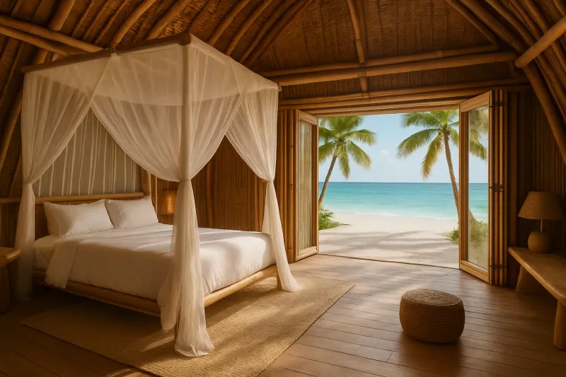 Spacious luxury bedroom inside a bamboo villa, wide open bi-fold doors looking out to a pristine white sand blur beach, sheer white canopy bed, minimalist organic design.