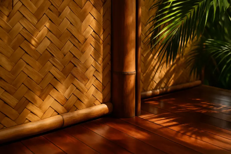 Close-up architectural detail of sustainable woven bamboo walls and polished mahogany wood floor in a high-end eco-resort, dappled sunlight filtering through tropical palm leaves.