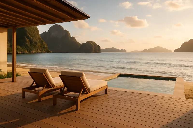 Wide wooden deck of a luxury beachfront villa with a private plunge pool, two comfortable lounge chairs overlooking the dramatic limestone cliffs of El Nido ocean bay.